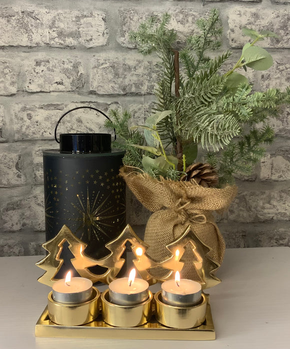 Gold Metal Christmas Trees 3 Candle Holder