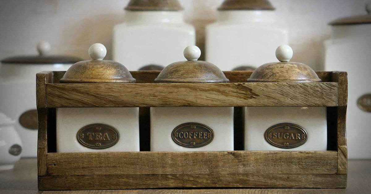 Country Cream Ceramic Tea Coffee Sugar Jars In A Wooden Rack