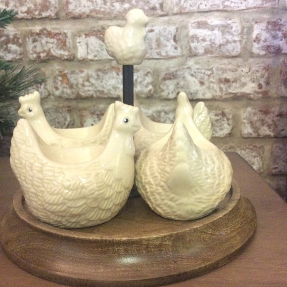 Country  Cream Ceramic Eggcups on Wooden Stand