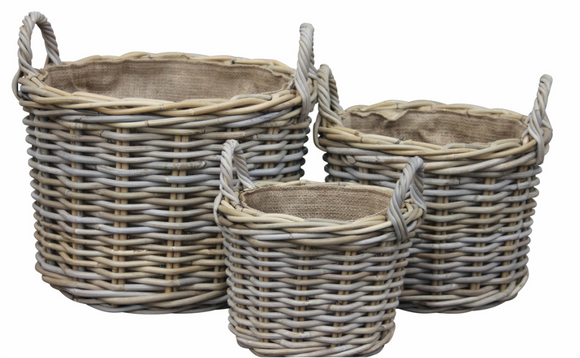 Wicker Round Small Log Basket With Hessian Lining