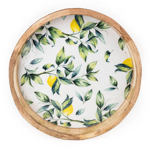 Round Tray Mango Wood With Enamelled Lemon Design