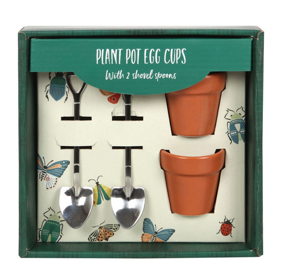 Ceramic Plant Pot Egg Cups And Metal Shovel Teaspoons