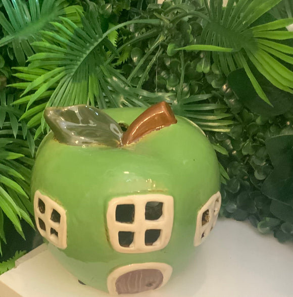 Ceramic Green Apple House Tea Light Holder