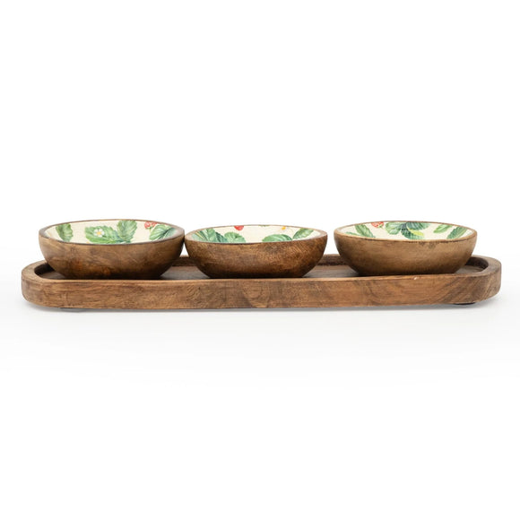 Strawberry Set Of 3 Bowls On Mango Tray