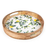 Round Tray Mango Wood With Enamelled Lemon Design