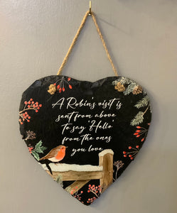 Large Christmas Slate Heart With Robin Plaque