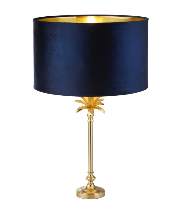 Palm Tree Satin Brass Table Lamp And Navy Velvet Shade