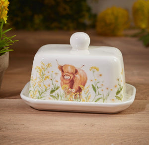 Highland Cow Floral Ceramic  Butter Dish
