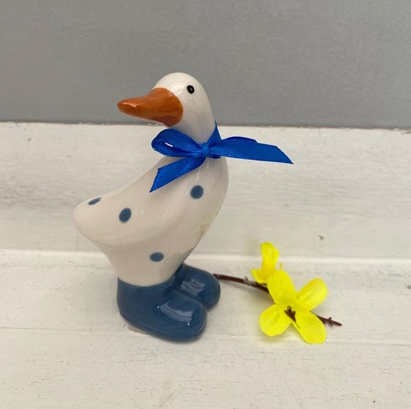 Small Ceramic White And Navy Duck With Spot Detail