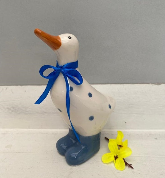 Medium Ceramic White And Navy Duck With Spot Detail