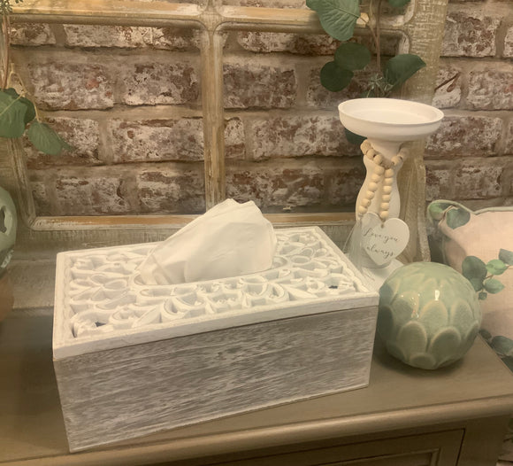 White Washed Carved Tissue Box