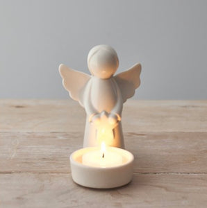 White Ceramic Angel With Candle Holder