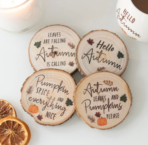 Hello Autumn Wooden Slice Coaster Set