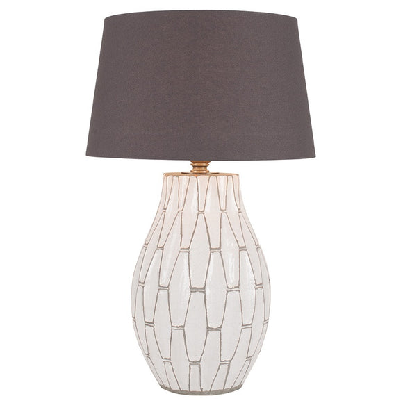White Geometric Table Lamp With Grey Detail And Taupe Shade