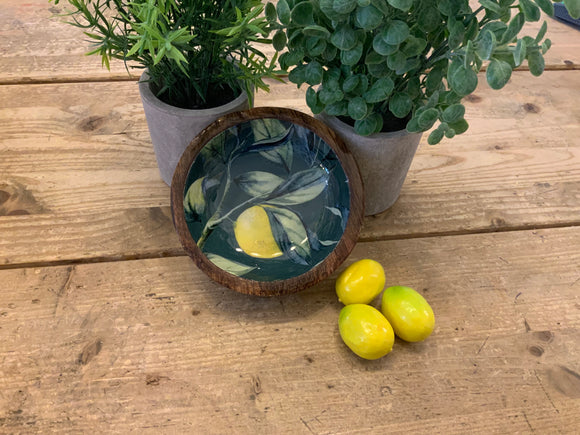 Wooden Bowl With Enamelled Leaf/Lemon Design