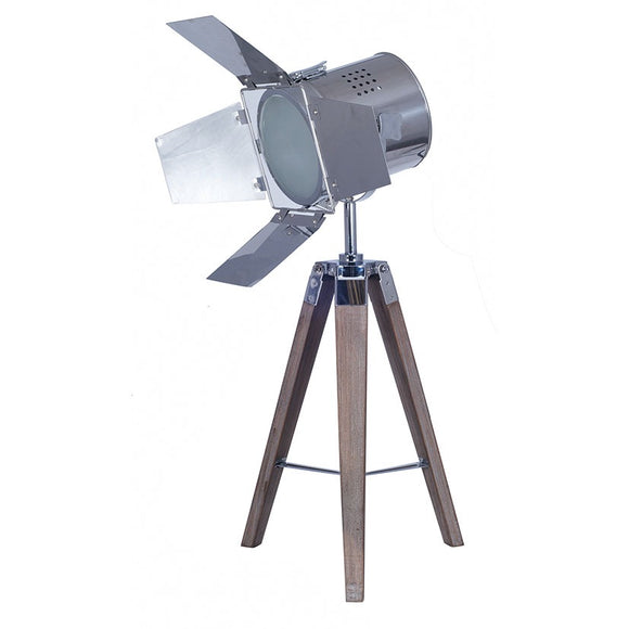 Grey Wood And Silver Metal Film Tripod Table Lamp