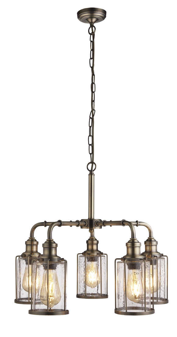 Industrial 5 Light Pendant In Antique Brass