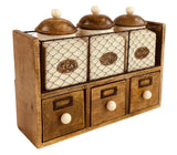 Country Cream TEA COFFEE SUGAR In Wooden Rack With Draws