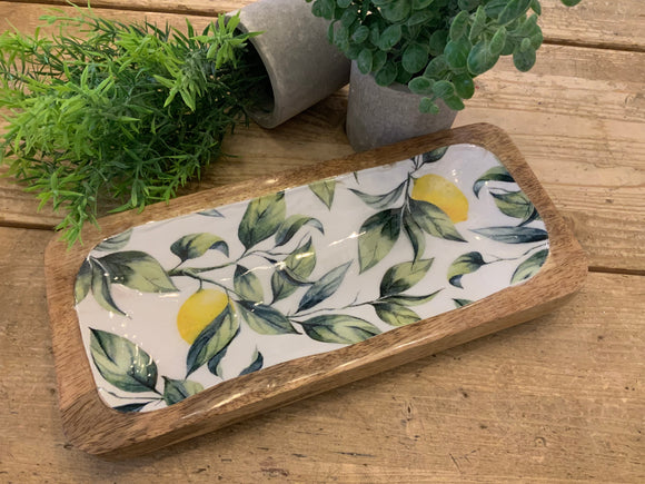 Large Wooden Tray With Emnamelled Leaf/Lemon Design