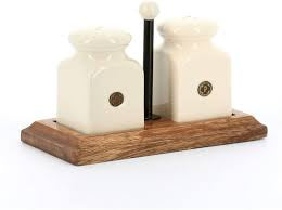 Country Cream Ceramic Salt & Pepper Set on Wooden Stand