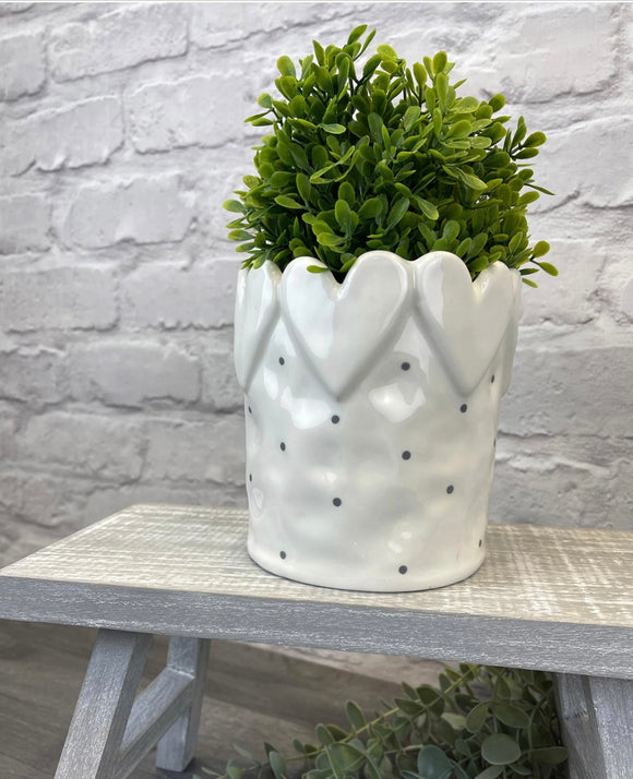 White Ceramic Plant Pot Embossed With Hearts And Spots