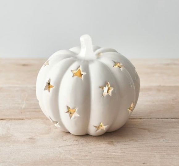 White Ceramic Pumpkin And Stars Tea Light Holder