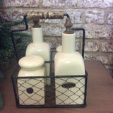 Country Cream Ceramic Condiments Set in Wire Basket