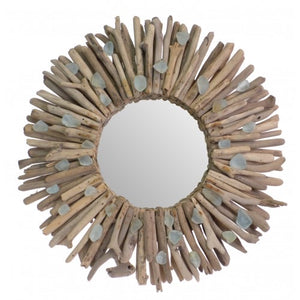 Driftwood Sunburst Mirror With Sea Glass