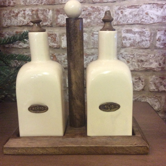 Country  Cream Ceramic Oil & Vinegar Set on a Wooden Set