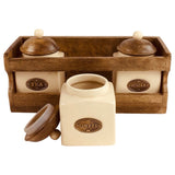 Country Cream Ceramic Tea/Coffee/Sugar Jars In A Wooden Rack