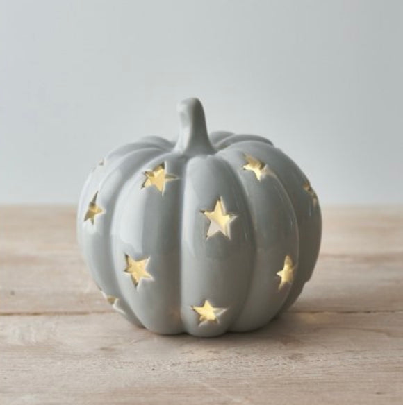 Grey Ceramic Pumpkin And Stars Tea Light Holder