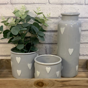 Ceramic Large Grey And White Hearts Plant Pot
