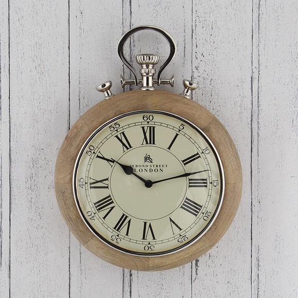 Stopwatch Wall Clock In Nickel And Wood Finish